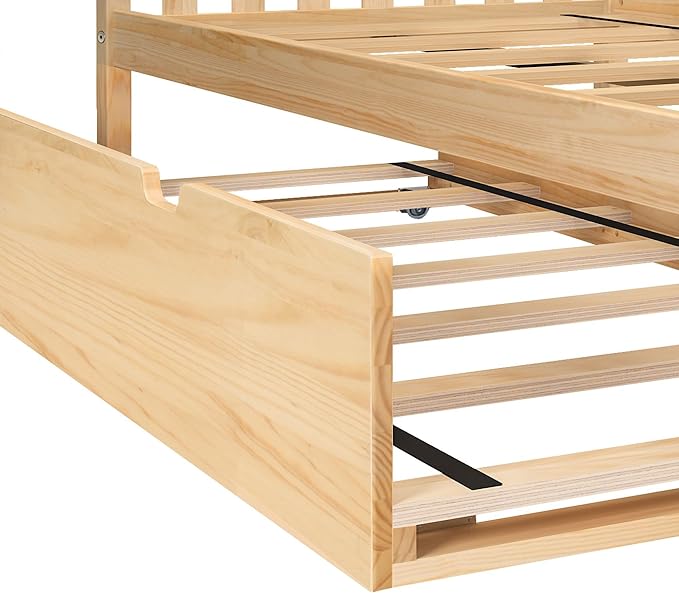 Max & Lily Full Bed, Wood Bed Frame with Headboard For Kids with Trundle, Slatted, Natural