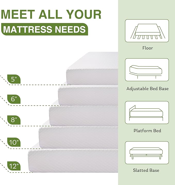 EGOHOME Twin XL Memory Foam Mattress, 6 Inch Bed Mattress in a Box with Cooling Green Tea Gel, Relieve Pressure with Medium Support, CertiPUR-US Certified, 80''L x 38''W, White