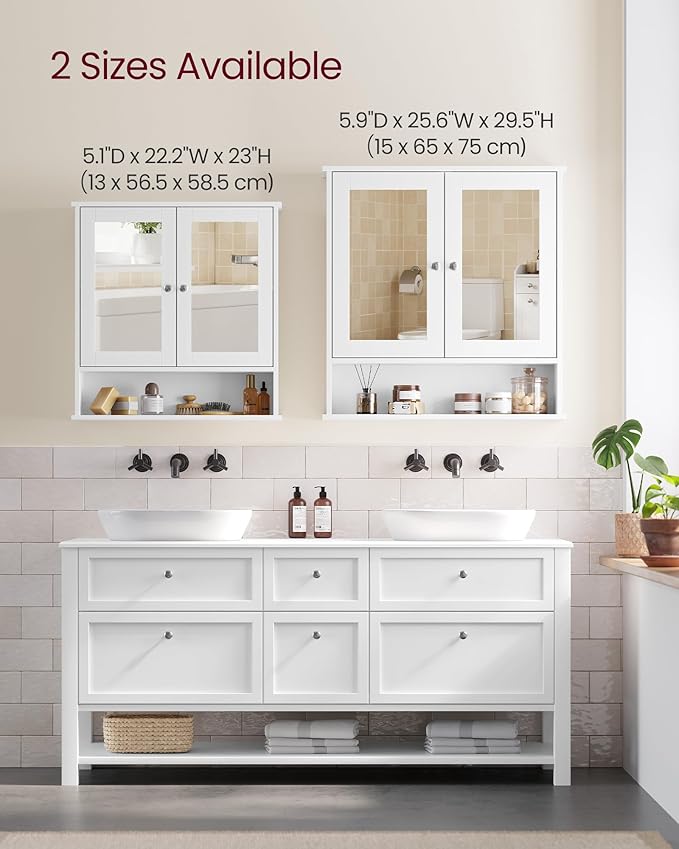 VASAGLE Bathroom Cabinet with Mirror, Wall Cabinet with 2 Mirrored Doors, Adjustable Shelf, Open Compartment, Wall-Mounted, 5.1 x 22.2 x 23 Inches, White ULHC002