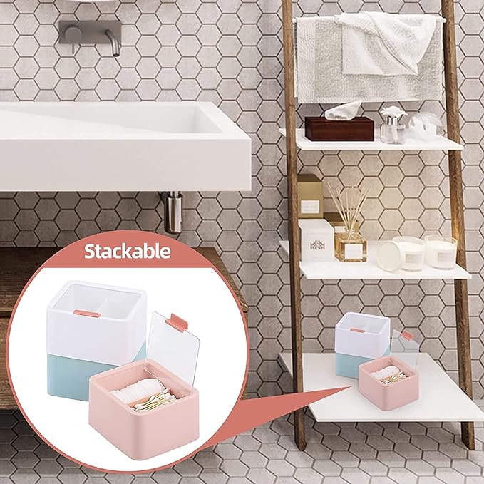 Tecbeauty 2pcs Qtips Holder - Middle Divider Cotton Pads Storage Dispenser Bathroom Organizer with Clear Hinged Lids for Cotton Balls Swabs Rounds-White & Pink