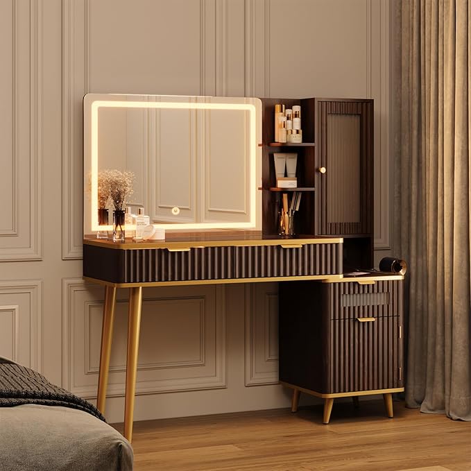 QUW Fluted Makeup Vanity Desk with Mirror and Lights, Modern Glass Top Vanity Table with Charging Station, Vanity Mirror 3 Lighting Modes Adjustable Brightness, Dressing Table for Bedroom, Dark Walnut