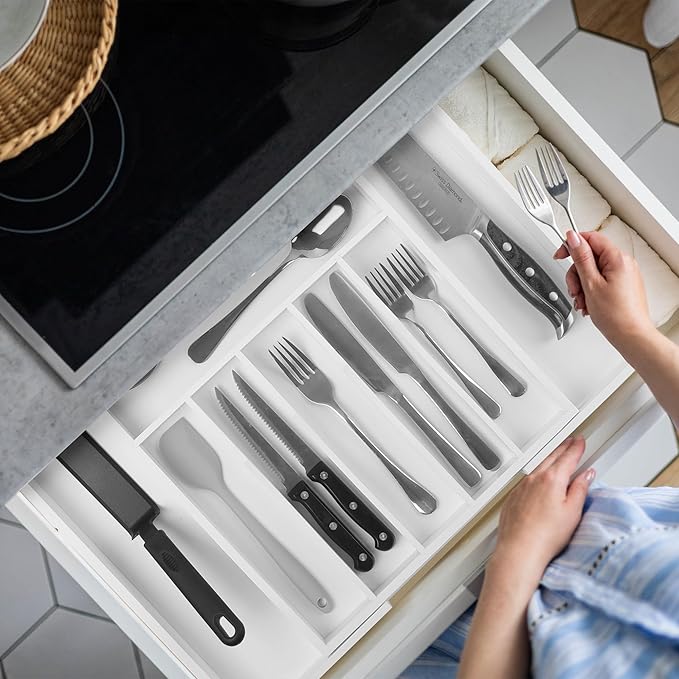 Large Premium Bamboo Silverware Organizer - Expandable Drawer Organizer & Utensil Organizer - 17"x19.7" Cutlery Tray with Dividers for Kitchen Utensils and Flatware (7-9 Slots) (White)