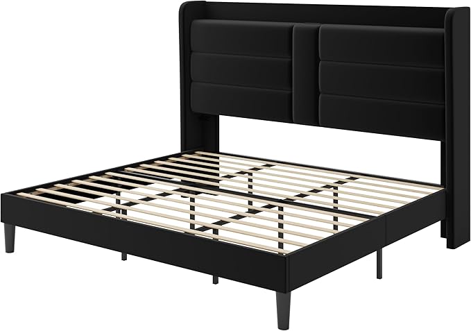 SHA CERLIN King Size Bed Frame with Charging Station & Storage Headboard, Velvet Platform Bed with Upholstered Modern Wingback Design, Wooden Slats Support, No Box Spring Needed, Easy Assembly, Black