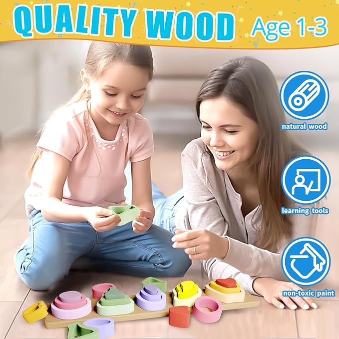 Montessori Toys for 1 2 3 Year Old Boys Girls - Wooden Sorting & Stacking Toys for Kids - Toddler Toys Age 1-3 - Shape Sorter and Color Stacker Preschool Kids Gifts
