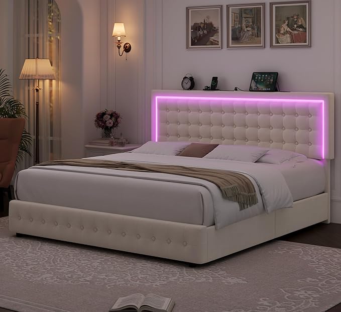 HIFIT Upholstered LED Bed Frame Queen Size with Charging Station and 4 Storage Drawers, Velvet Button Tufted Queen Platform Bed with Adjustable Headboard, No Box Spring Needed, Easy Assembly, Beige
