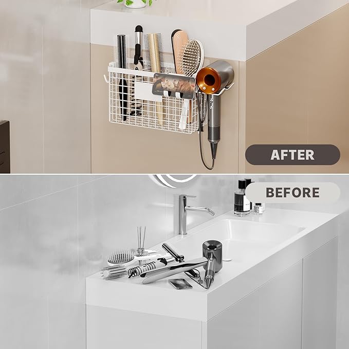 2 Pack Hair Tool Organizer,Adhesive Hair Dryer Holder Cabinet Door/Wall Mounted Adjustable Height Blow Dryer Holder Under Sink Bathroom Hair Appliance Organizer and Storage Countertop(White)
