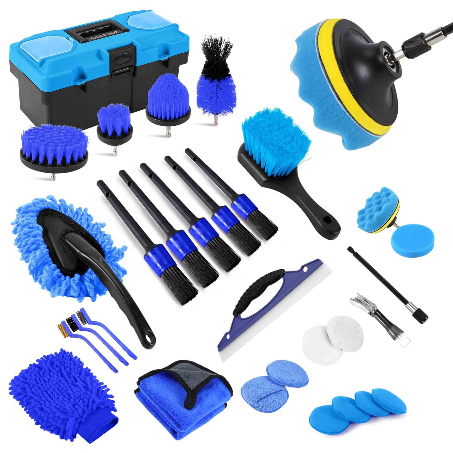 35Pcs Car Detailing Kit, Drill Brush Attachments with Detailing Brush Set and Tools Box, Red Auto Cleaning Kit Interior for Wheels, Dashboard, Windows (B:35PCS-R)