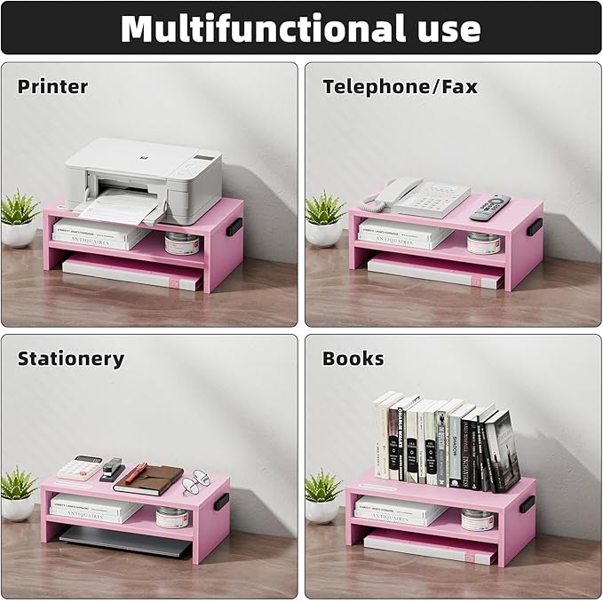 Marbrasse Monitor Stand Riser, 16.5 Inch 2 Tier Computer Printer Shelf Stand for Laptop Computer Screen Storage, Desktop Stand with Phone Holder and Cable Management (Pink)