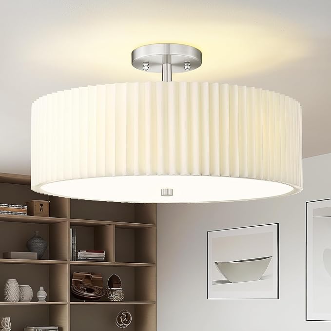 Semi Flush Mount Ceiling Lights, 4-Light 18" Ceiling Light Fixture with White Pleated Fabric Shade, Brushed Nickel Drum Lamp for Nursery Hallway Bedroom Kitchen, AD-25036-4SF-SN