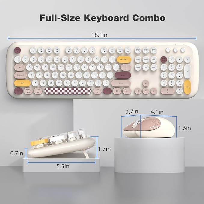 Wireless Keyboard and Mouse Combo for Windows, MOWUX 2.4G Full-Sized External Cordless Computer Keyboard, Compact Mouse, 8 Multimedia and Shortcut Keys, for PC, Laptop - Off White Colorful