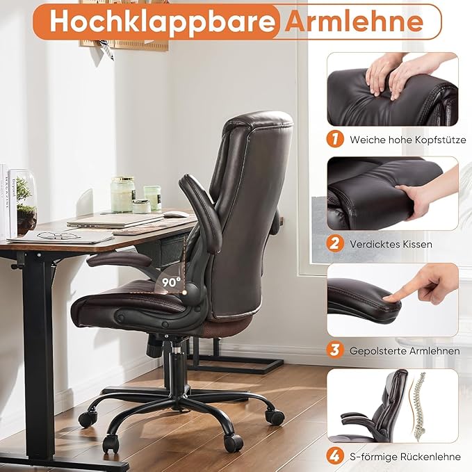 Sweetcrispy Computer Gaming Chair, Ergonomic High Back Heavy Duty Task Desk Office Chairs with Wheels, Flip-up Arms, Adjustable Height, PU Leather,Dark Brown