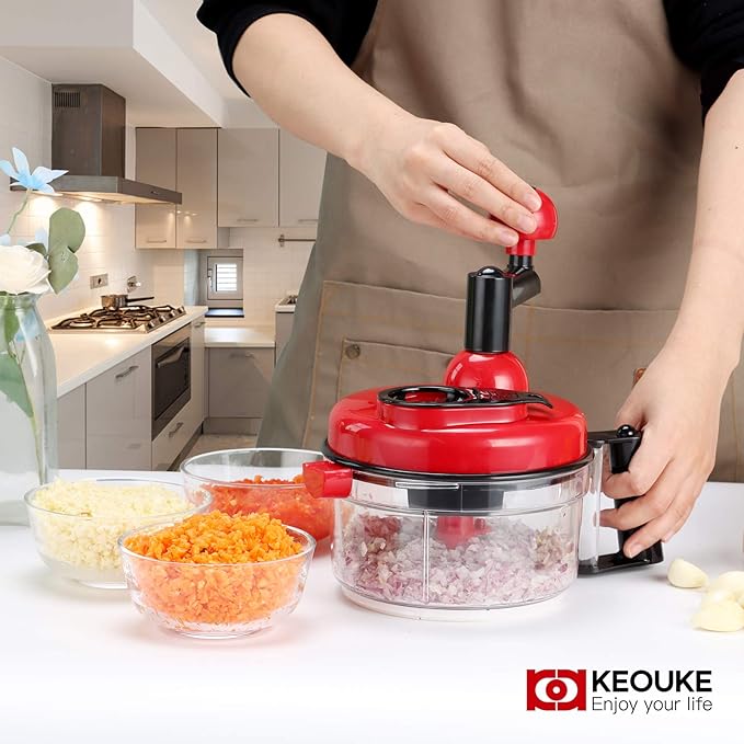 KEOUKE Hand Crank Food Chopper Red - Manual Food Processor with Egg Separator, Labor-Saving, Easy to Clean, Large Vegetable Mixer Blender for Onion, Garlic, Salad, Salsa, Nuts, Meat, Fruit, etc