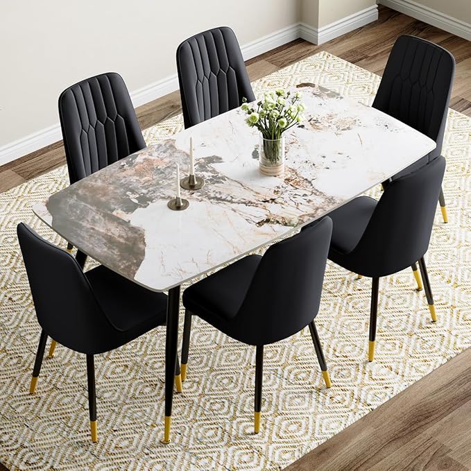 6 Person Dining Table Set, Sintered Stone Dining Table Set for 6, Kitchen Table Chairs Set of 6, Easy to Assemble
