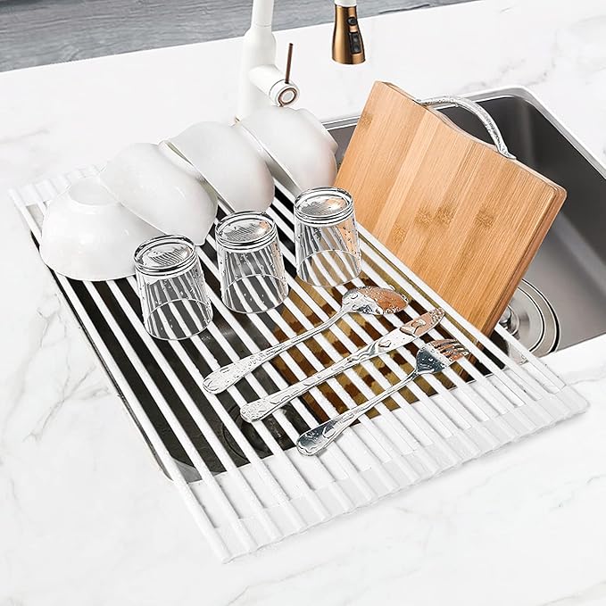 MERRYBOX Roll Up Over The Sink Dish Drying Rack Silicone Wrapped Foldable, Heat-Resistant, Anti-Slip Sink Rack Multipurpose Dish Drainer for Kitchen Sink Counter - White, 17.5" x 11"