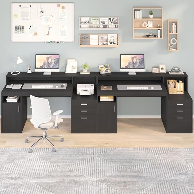 Computer Desk with 3 Drawer & Storage Shelves, Home Office Desk with File Drawer & Cabinet, Writing Study Table with Long Monitor Stand & Printer Shelf, Executive Desk, Black