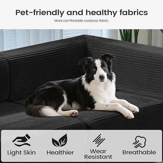 Folding Sofa Bed Convertable Corduroy Couch King Size Floor Sleeper 4-in-1 DIY Combination Modular Sofa Fold Out Futon Lounge Comfy Foldable Lazy cama for Living Room (Black)