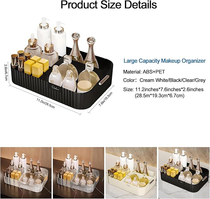 DASITON Large Capacity Makeup Organizer,12 Slots Makeup Brush Holder,Makeup Storage with Handle,Vintage Striped Cosmetic Organizer for Bathroom Countertops,Desk Storage Container(Black)