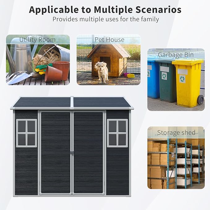 8x6 FT Outdoor Storage Shed, Resin Garden Shed with Thick Floor, Plastic Storage Shed with 2 Windows, Waterproof Outside Tool Shed with Lockable Hinged Doors for Backyard, Patio, Lawn, Black