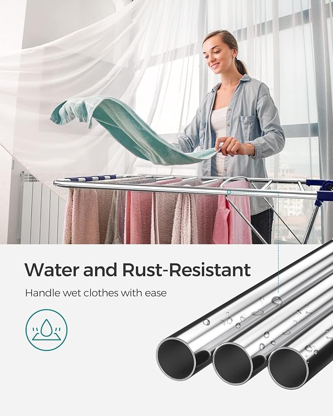 SONGMICS Clothes Drying Rack, with Sock Clips, Metal Laundry Rack, Foldable, Space-Saving, Free-Standing Airer, with 2 Height-Adjustable Gullwings, Indoor Outdoor Use, Silver and Blue ULLR52BU