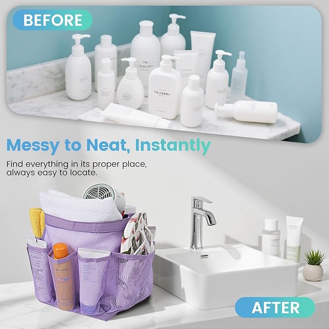 Camping Essentials Shower Caddy Portable for College Dorm Room Essentials for Girls with 9 Pockets,Large-Capacity Shower Caddy Dorm Basket,Quick Dry Shower Bag for Gym,Travel,Swim,Beach-Purple