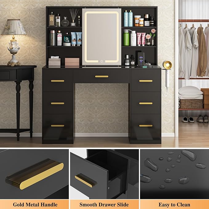 47'' W Large Vanity Desk with Mirror and Lights, 8 Storage Shelves 7 Drawers Vanity Table, Big Makeup Vanity Desk with 3 Lighting Modes, Vanity Dresser with Charging Station, Sliding Mirror (Black)