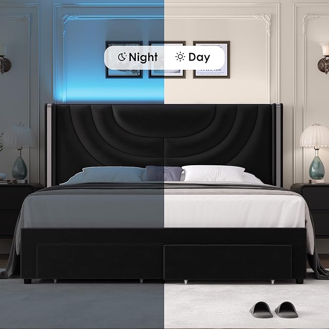 HITHOS King Upholstered LED Bed Frame with 2 Storage Drawers, Velvet Platform Bed with Wingback Headboard, Solid Wooden Slats Support, No Box Spring Needed, Headboard Splicing Design