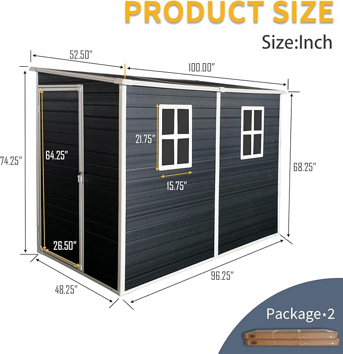 4x8 FT Outdoor Storage Resin Shed with Floor, Waterproof Plastic Garden Tool Shed with Windows, Vents & Lockable Door and Sloped Roof, Easy to Assemble Bike Shed for Patio, Backyard, Lawn, Black
