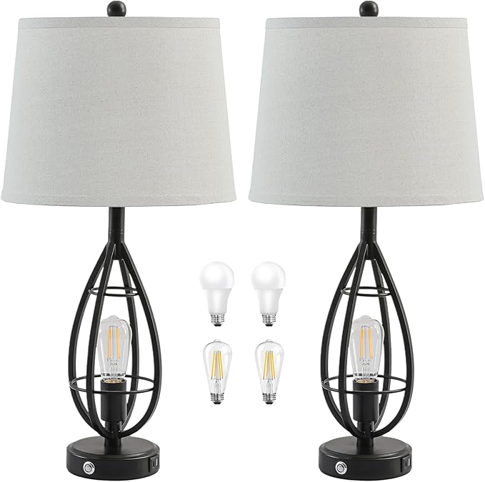 27.8" Farmhouse Table Lamps for Living Room Set of 2, Rustic Nightstand Lamps for Bedroom End Tables with USB Ports, 3-Way Dimmable Touch Industrial Bedside Lamps, Bulbs Included(Black)