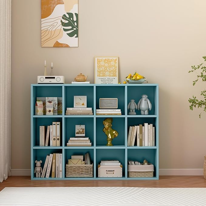 12-Cube Storage Shelf Bookcase - Wooden 3-Tier Floor Standing Open Bookshelf for Home and Office, Display Cabinet, Light Blue