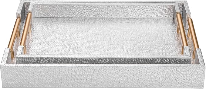 2 Piece Woven Leather Ottoman Tray with Gold Handles, Perfect Rectangular Serving Tray for Living Room, Coffee Table Tray as Thoughtful Gift for Home Decor Enthusiasts (Sliver)