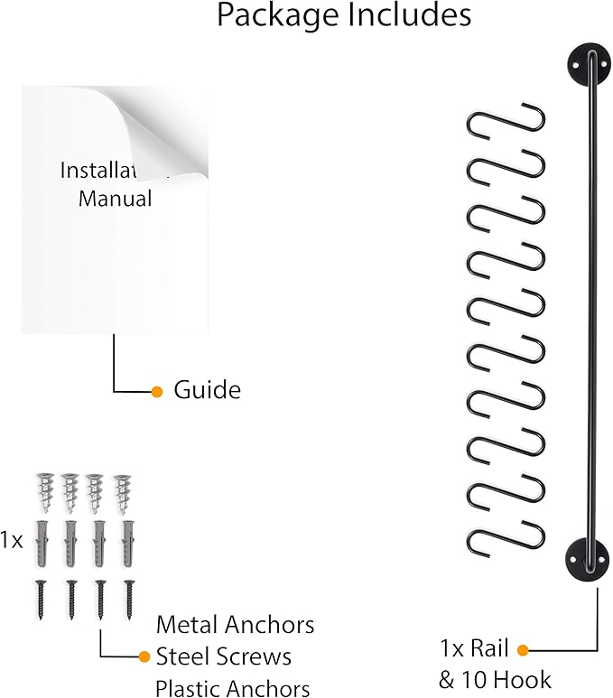 Wallniture 24" Gourmet Kitchen Rail for with 10 S Hooks for Hanging Utensils, Pot Pan Lid Rack Storage Organizer Set, Steel, Black