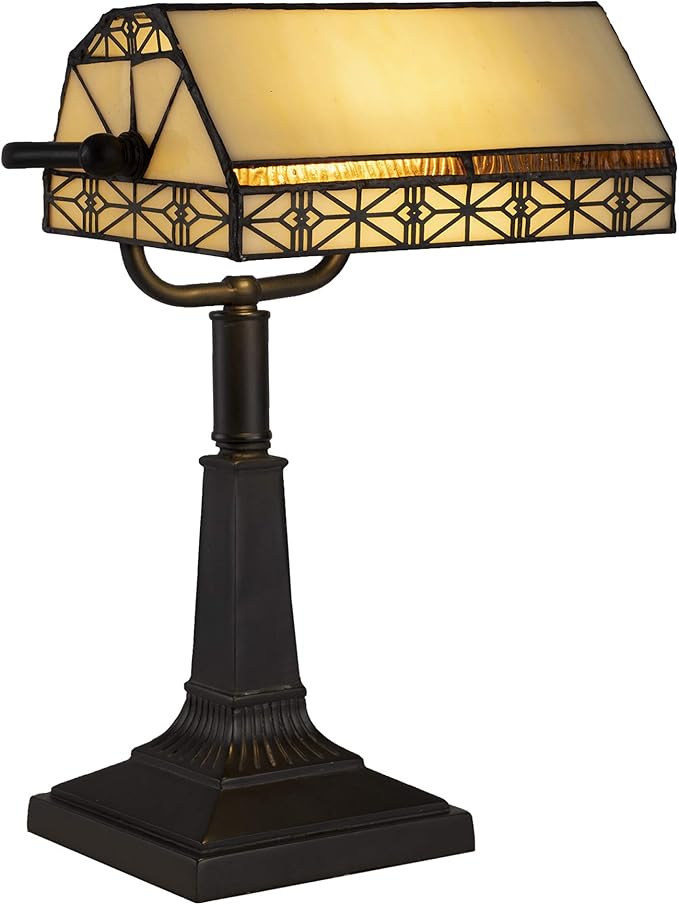 Lavish Home Tiffany-Style Bankers Lamp - Vintage-Looking Mission-Style Table or Desk LED Light with Stained Glass Shade (Dark Brown)