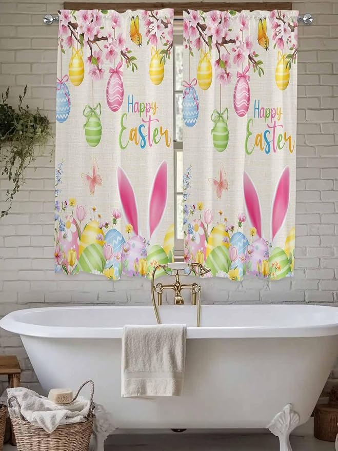 Happy Easter Bedroom Curtains 63 Inches length, Spring Farmhouse Bunny Eggs
