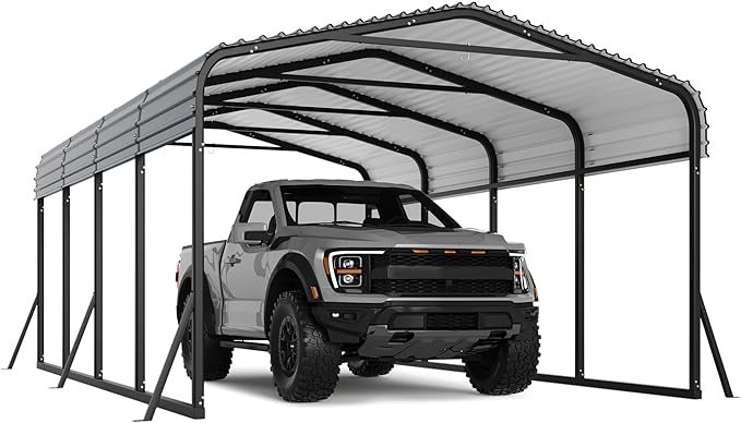 12 x 20 FT Metal Carport with Galvanized Steel Roof, Heavy Duty Metal Roof Carport with Enhanced Base, Tall Kits Garage for Tractors, Trucks, Boats, Cars