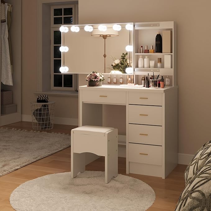Vanity Desk with Mirror and Lights, Modern Makeup Vanity with Sliding Mirror and 10 LED Light Bulbs, Makeup Vanity Set with 5 Drawers, Hidden and Open Storage Shelves, Vanity Table for Bedroom, White