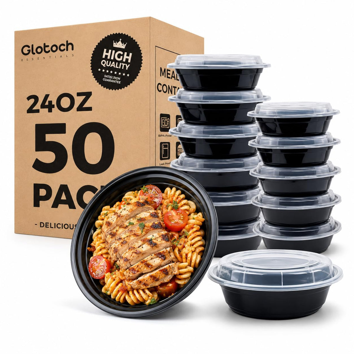 Glotoch Round Meal Prep Containers Bowls with Lids, 16 oz, 150 Pack