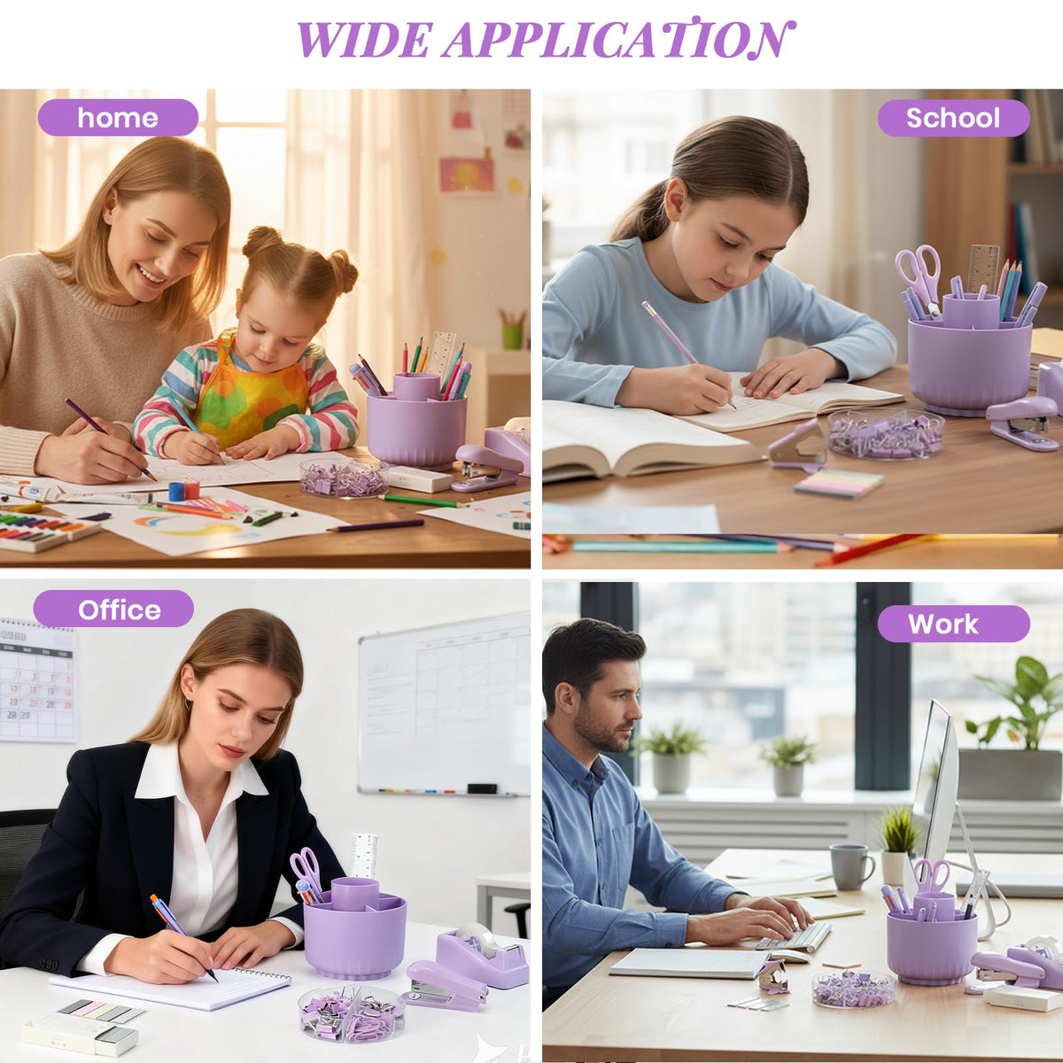 Smloplom Purple Desk Accessories, 11Pcs Desk Organizer with 360°Rotating Pen Holder, Stapler, Staples, Staple Remover, Pen, Ruler, Tape Dispenser, Tape, Clips, Scissor, Notes, Office Supplies