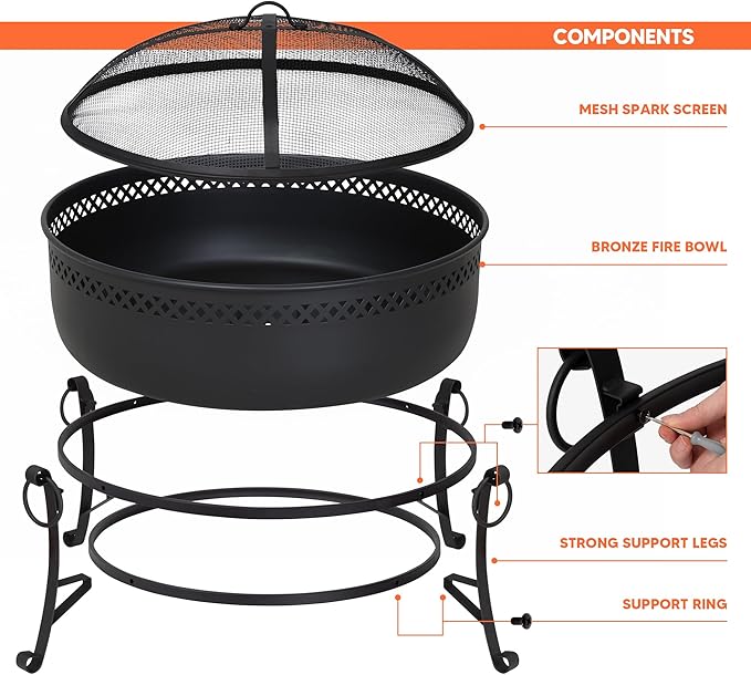 SUNCREAT Outdoor Patio Fire Pit with Mesh Spark Screen, 40" Portable Fire Pit for Camping, Black