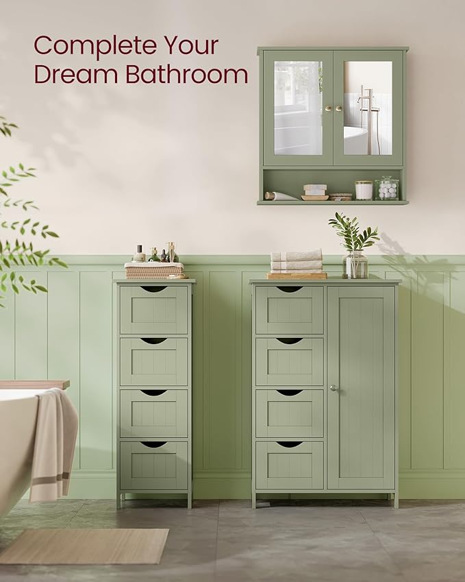 VASAGLE Bathroom Cabinet with Mirror, Wall Cabinet with 2 Mirrored Doors, Adjustable Shelf, Open Compartment, Wall-Mounted, 5.1 x 22.2 x 23 Inches, Sage Green ULHC002C02