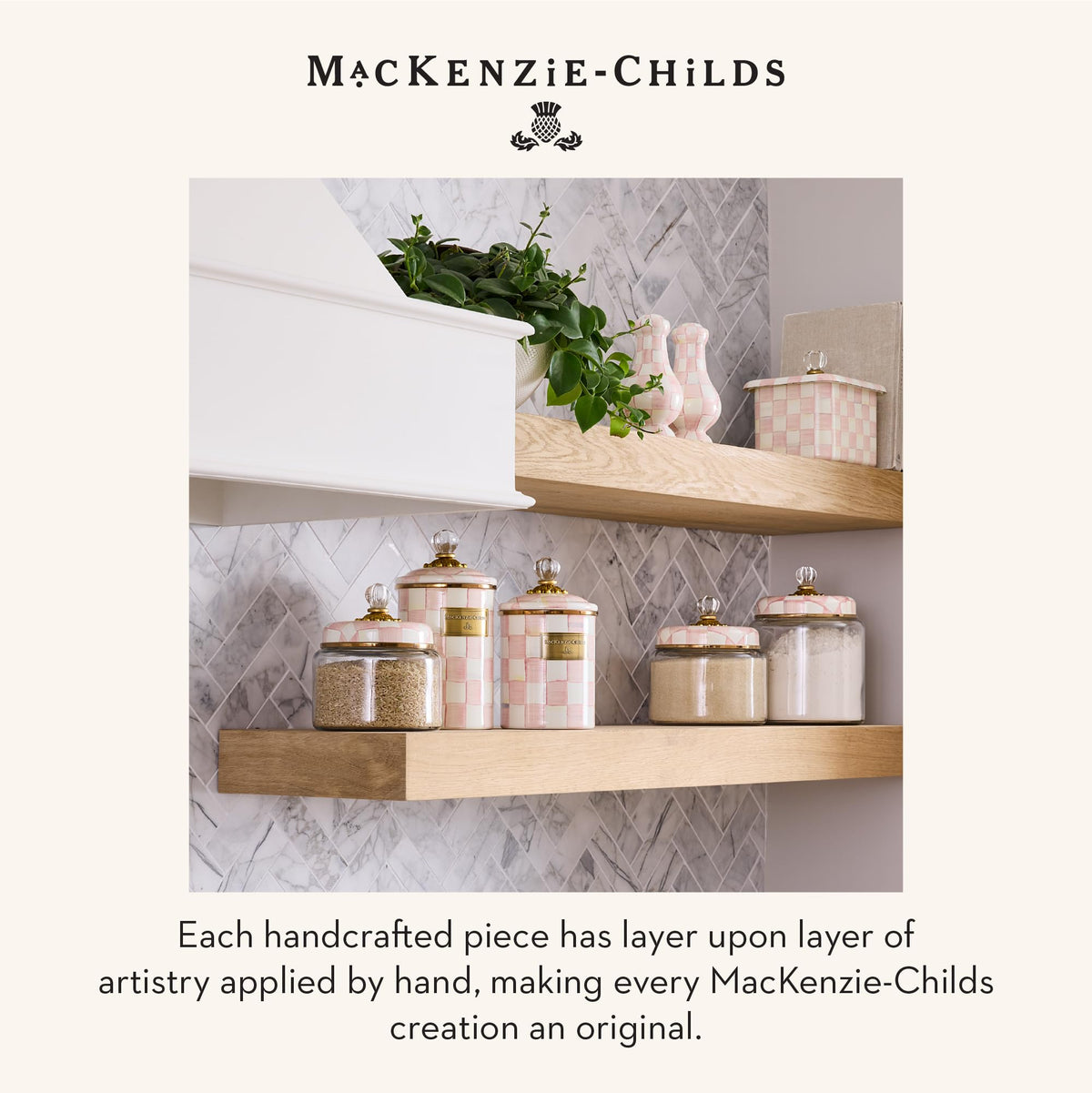 MACKENZIE-CHILDS Rosy Check Kitchen Canister, Decorative Pink-and-White Glass Storage Jar with Lid, Large