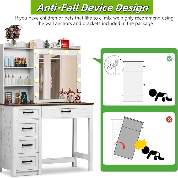Makeup Vanity, Farmhouse Vanity with Sliding Mirror & 3 Levels of Open Storage Shelves, 35'' Intelligent Makeup Desk with Multi-Functional Charging Station & Hidden Storage for Bedroom, White