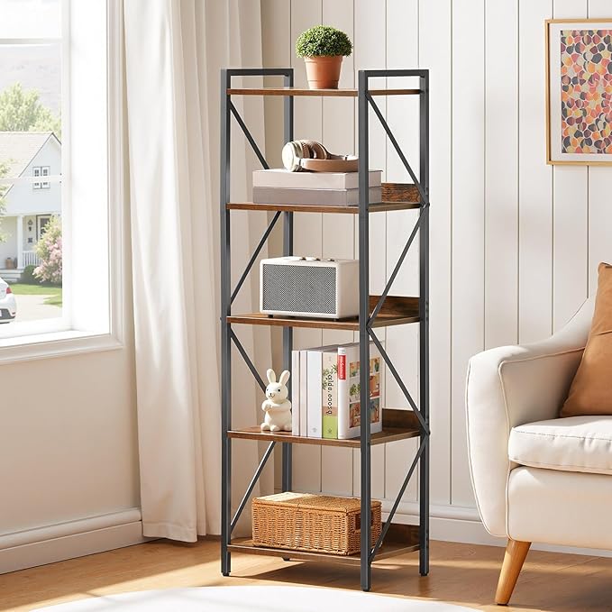 HOOBRO Bookshelf, 5-Tier Industrial Bookcase, Book Shelf Storage Organizer, Tall Bookshelf with Metal Frame for Living Room, Bedroom, Home Office, Kitchen, Rustic Brown and Black BF73SJ01