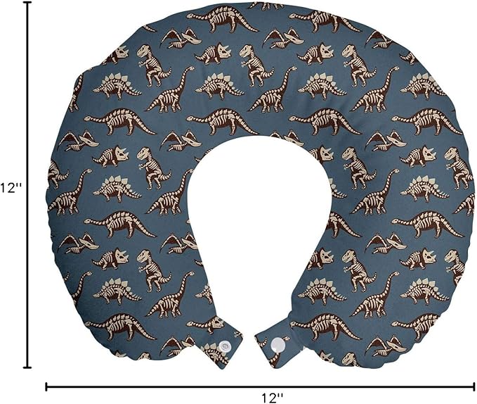 Ambesonne Cartoon Travel Pillow Neck Rest, Disparate Fossil Dinosaurs Skeletons Jurassic Period, Memory Foam Traveling Accessory for Airplane and Car, 12", Seal Brown Slate Blue