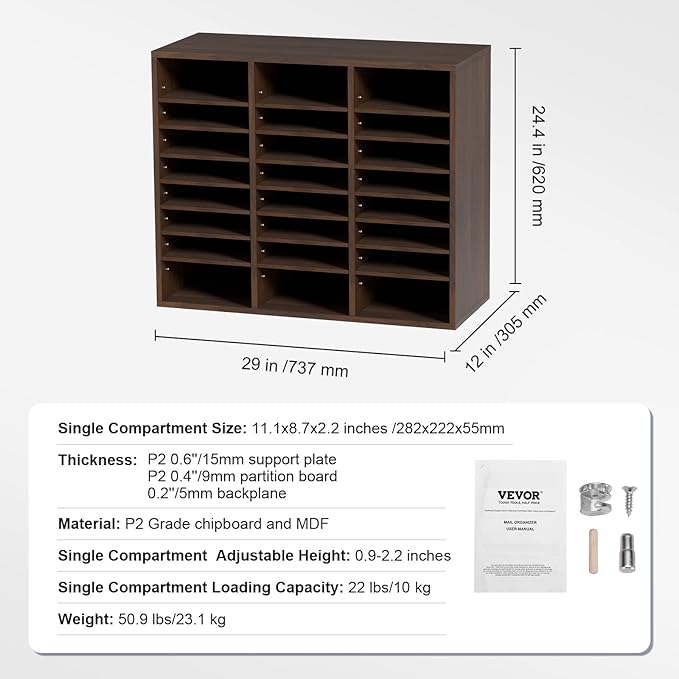 VEVOR 24-Compartment Office Mailbox, Adjustable Shelves, Wood Literature Sorter 29x12x24.4 inches – Ideal for Office, Home, Classroom, Mailrooms Organization – EPA Certified (Brown)