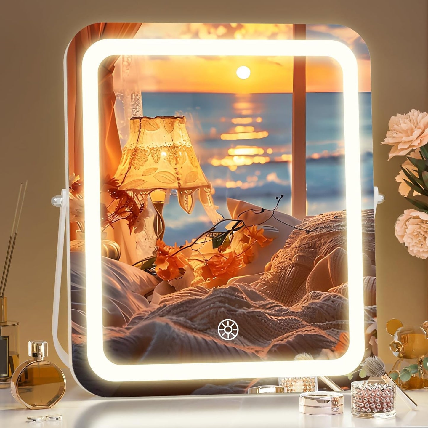 Hasipu Vanity Mirror with Lights, 10" x 12" LED Makeup Mirror, 3 Modes Light, Smart Touch Control Dimmable, 360ยฐRotation, Rectangle White Frame