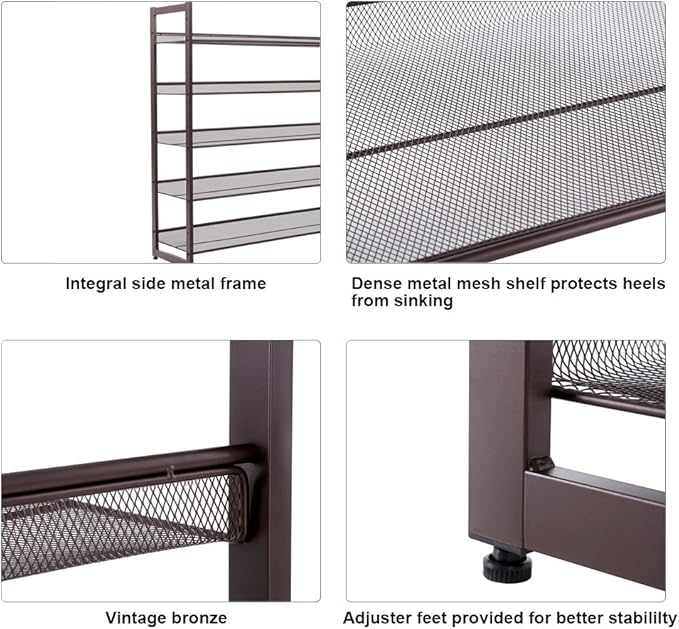 SONGMICS Shoe Rack, 5-Tier Shoe Organizer, Metal Shoe Storage for Garage, Stackable Shoe Shelf, with Adjustable Flat or Angled Shelves, 20-25 Pairs, Bronze ULMR05A