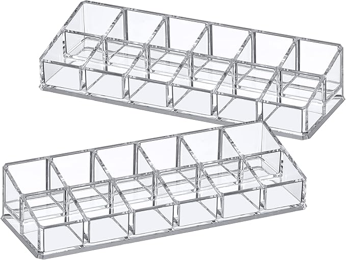 Amazing Abby - Glamour - 2-Pack 12-Slot Acrylic Nail Polish Organizer, Lipstick Holder, Lip Gloss Organizer, Cosmetic Storage Display, Perfect Storage Solution for Drawer, Vanity, Bathroom, and More
