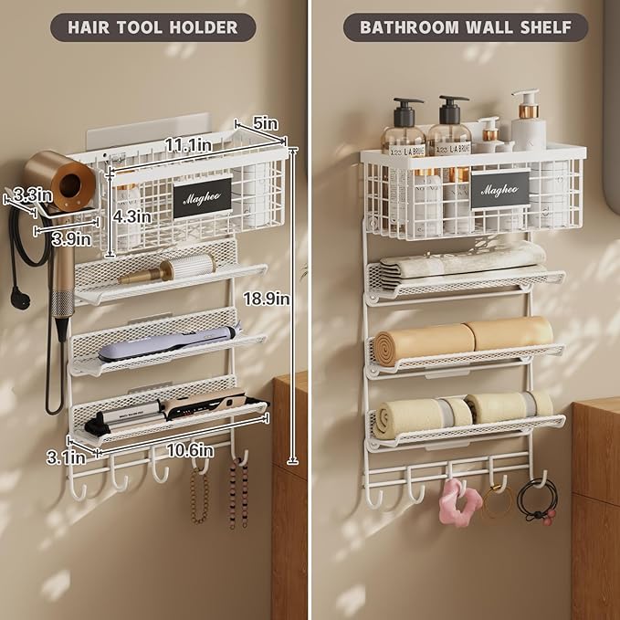 Hair Dryer Holder Wall Mounted, Adheisve Hair Styling Tool Organizer for hair Brush/Appliance Wall Mount with 5 Tier Shelf Basket Hooks Blow Dryer and Straightener Holder for Bathroom(White)