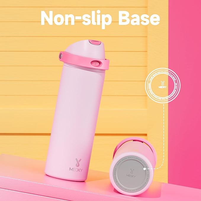 24 oz Insulated Water Bottle for Sports: Meoky Stainless Steel Water Bottle with 2-in-1 Straw and Spout Lid - Leak Proof, Cold for 24 Hours, Fits in Car Cup Holder, BPA-Free for Women Travel, Blush