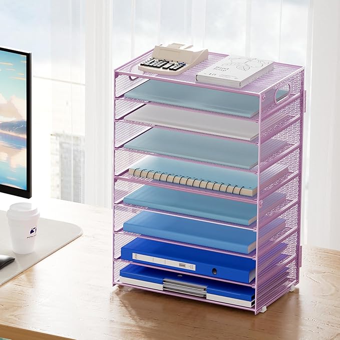 Marbrasse Paper Organizer Letter Tray, 9 Tier Mesh File Organizer with Handle, Paper Sorter Desk Organizer for Home Office Supplies - Purple